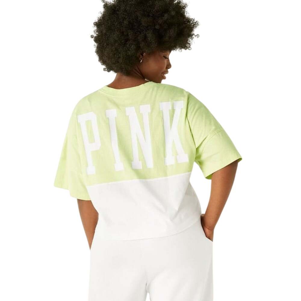 Victoria's Secret PINK Oversized Cropped Colorblock Tee, Green White, Medium